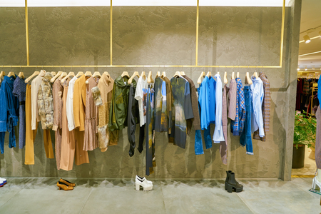 MILAN, ITALY - CIRCA NOVEMBER, 2017: various of clothes on display at Rinascente. Rinascente is a collection of high-end stores.のeditorial素材
