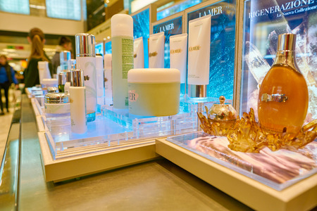 MILAN, ITALY - CIRCA NOVEMBER, 2017: cosmetics on display at Rinascente. Rinascente is a collection of high-end stores.のeditorial素材