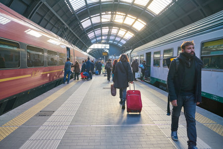 MILAN, ITALY - CIRCA NOVEMBER, 2017: trains await departure in Milano Centrale. Milano Centrale is one of the main railway stations in Europe.のeditorial素材