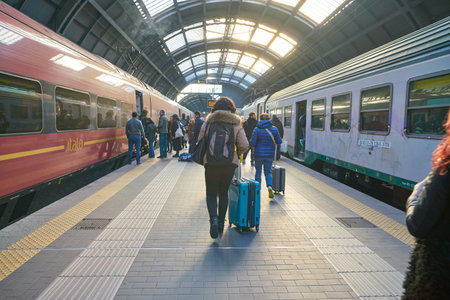 MILAN, ITALY - CIRCA NOVEMBER, 2017: trains await departure in Milano Centrale. Milano Centrale is...