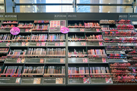 MILAN, ITALY - CIRCA NOVEMBER, 2017: cosmetics on display at NYX shop in Milan. NYX Cosmetics is a cosmetics company which is part of the L'Oreal groupのeditorial素材
