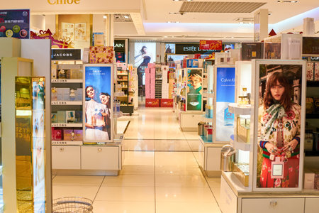 WARSAW, POLAND - CIRCA NOVEMBER, 2017: perfumes on display in Duty Free store at Warsaw Chopin...