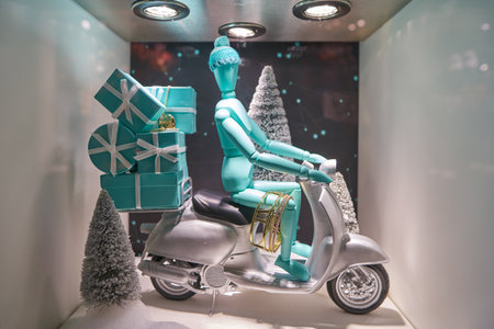 MILAN, ITALY - CIRCA NOVEMBER, 2017: Tiffany's jewellery and iconic blue gift boxes on display at a store in Milan. Tiffany & Company is an American luxury jewelry and specialty retailerのeditorial素材