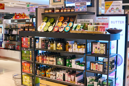 WARSAW, POLAND - CIRCA NOVEMBER, 2017: cosmetics on display in Duty Free store at Warsaw Chopin Airport.のeditorial素材