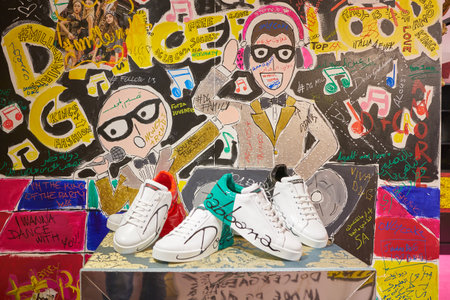 MILAN, ITALY - CIRCA NOVEMBER, 2017: shoes on display at Dolce & Gabbana store in Milan. Dolce & Gabbana is an Italian luxury fashion house.のeditorial素材