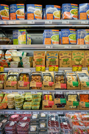 MILAN, ITALY - CIRCA NOVEMBER, 2017: food products on display at Carrefour Express store in Milan