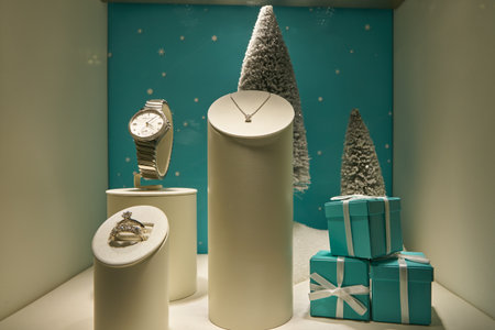 MILAN, ITALY - CIRCA NOVEMBER, 2017: Tiffany's jewellery and iconic blue gift boxes on display at a store in Milan. Tiffany & Company is an American luxury jewelry and specialty retailerのeditorial素材