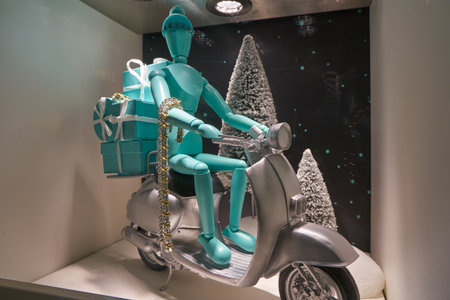 MILAN, ITALY - CIRCA NOVEMBER, 2017: Tiffany's jewellery and iconic blue gift boxes on display at a store in Milan. Tiffany & Company is an American luxury jewelry and specialty retailerのeditorial素材
