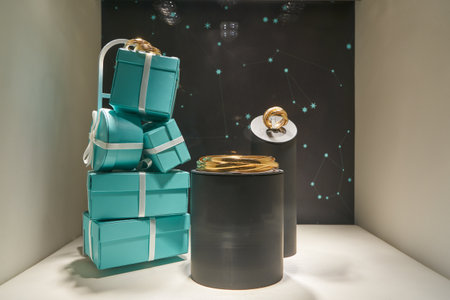 MILAN, ITALY - CIRCA NOVEMBER, 2017: Tiffany's jewellery and iconic blue gift boxes on display at a...