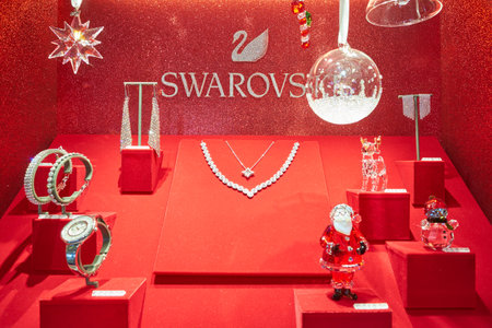MILAN, ITALY - CIRCA NOVEMBER, 2017: jewellery display at Swarovski store in Milan. Swarovski is an Austrian producer of lead glass.のeditorial素材