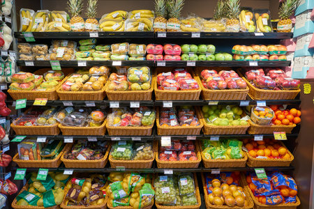 MILAN, ITALY - CIRCA NOVEMBER, 2017: fruits on display at Carrefour Express store in Milanのeditorial素材