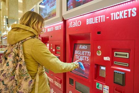 MILAN, ITALY - CIRCA NOVEMBER, 2017: ticket kiosks at Milano Centrale railway station. Milano Centrale is one of the main railway stations in Europe.のeditorial素材