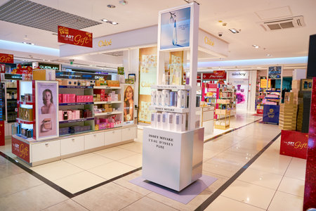 WARSAW, POLAND - CIRCA NOVEMBER, 2017: perfumes on display in Duty Free store at Warsaw Chopin Airport.のeditorial素材