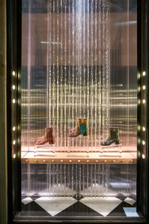 MILAN, ITALY - CIRCA NOVEMBER, 2017: display window at Prada store in Milan. Prada S.p.A. is an...