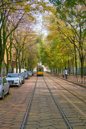MILAN, ITALY - CIRCA NOVEMBER, 2017: tram in the city of Milan.のeditorial素材