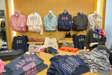 MILAN, ITALY - CIRCA NOVEMBER, 2017: clothing on display at GAP store in Milan. GAP is an American...