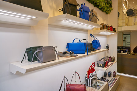 MILAN, ITALY - CIRCA NOVEMBER, 2017: bags on display at Cromia store in Milan, Italyのeditorial素材