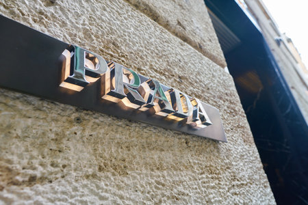 MILAN, ITALY - CIRCA NOVEMBER, 2017: close up shot of Prada sign at a store in Milan. Prada S.p.A. is an Italian luxury fashion house.のeditorial素材