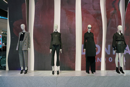 MILAN, ITALY - CIRCA NOVEMBER, 2017: LED Wave Screen display at Mango flagship shop in Milan. MANGO...