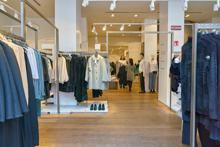 MILAN, ITALY - CIRCA NOVEMBER, 2017: clothing on display at retail store in Milan.のeditorial素材