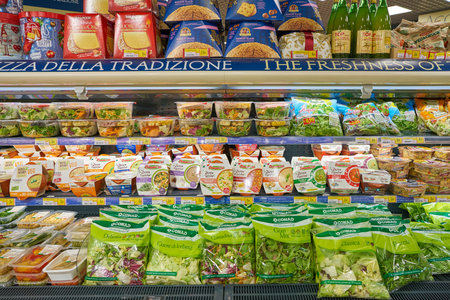MILAN, ITALY - CIRCA NOVEMBER, 2017: food products for sale in shop in Milan.のeditorial素材