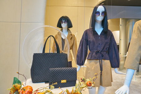 MILAN, ITALY - CIRCA NOVEMBER, 2017: clothing and bags on display at retail store in Milan.のeditorial素材