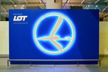 WARSAW, POLAND - CIRCA NOVEMBER, 2017: close up shot of LOT sign Warsaw Chopin Airport.のeditorial素材