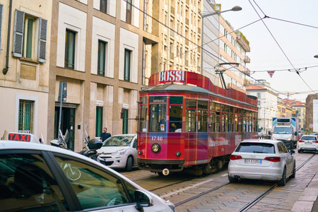 MILAN, ITALY - CIRCA NOVEMBER, 2017: tram in the city of Milan.のeditorial素材