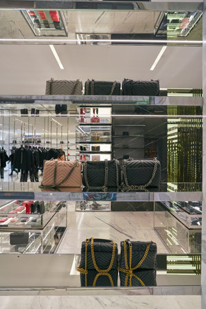MILAN, ITALY - CIRCA NOVEMBER, 2017: goods on display at Saint Laurent store in Milan. Saint Laurent...