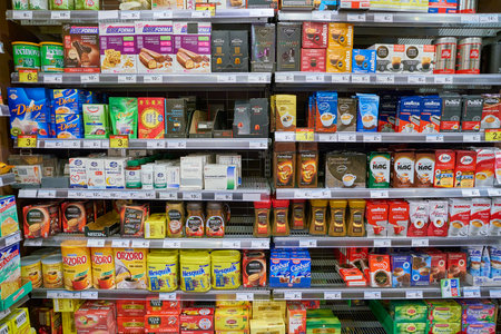 MILAN, ITALY - CIRCA NOVEMBER, 2017: assortment of coffee, tea and cacao for sale in shop in Milan.のeditorial素材