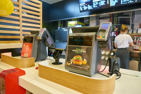 MOSCOW, RUSSIA - CIRCA MAY, 2018: cash register at McDonald's restaurant in Moscow.