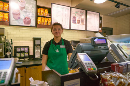 SAINT PETERSBURG, RUSSIA - CIRCA MAY, 2018: staff at Starbucks Coffee in Pulkovo Airport.