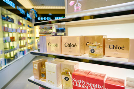 WARSAW, POLAND - CIRCA NOVEMBER, 2017: perfumes on display in Duty Free store at Warsaw Chopin...
