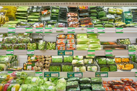 MILAN, ITALY - CIRCA NOVEMBER, 2017: assortment of food on display for sale at supermarket in Milan.のeditorial素材