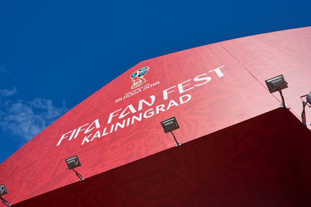 KALININGRAD, RUSSIA - CIRCA JUNE, 2018: FIFA Fan Fest sign for World Cup in Russia 2018 on Entrance...