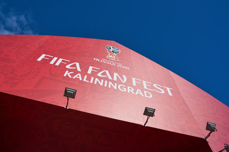 KALININGRAD, RUSSIA - CIRCA JUNE, 2018: FIFA Fan Fest sign for World Cup in Russia 2018 on Entrance...