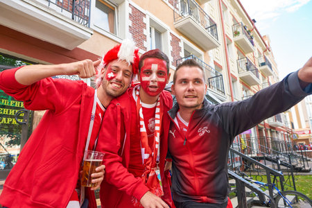 KALININGRAD, RUSSIA - JUNE 22, 2018: Football fans of the team of Switzerland in Kaliningrad. Russia, FIFA World Cup 2018.のeditorial素材