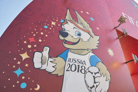 KALININGRAD, RUSSIA - CIRCA JUNE, 2018: a banner depicting the official FIFA World Cup Russia 2018 mascot, Zabivaka the Wolf.のeditorial素材