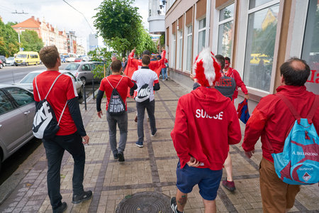 KALININGRAD, RUSSIA - JUNE 22, 2018: Football fans of the team of Switzerland in Kaliningrad. Russia, FIFA World Cup 2018.のeditorial素材