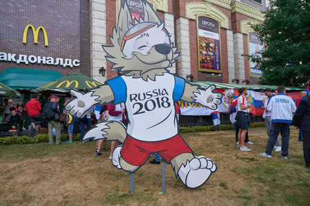 KALININGRAD, RUSSIA - CIRCA JUNE, 2018: a sign depicting the official FIFA World Cup Russia 2018 mascot, Zabivaka the Wolf.のeditorial素材