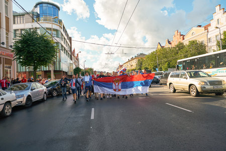 KALININGRAD, RUSSIA - JUNE 22, 2018: Football fans of the team of Serbia in Kaliningrad. Russia, FIFA World Cup 2018.のeditorial素材