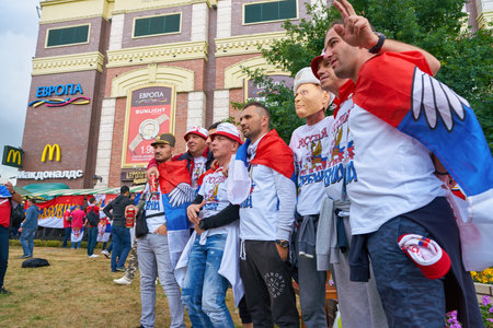 KALININGRAD, RUSSIA - JUNE 22, 2018: Football fans of the team of Serbia in Kaliningrad. Russia, FIFA World Cup 2018.のeditorial素材