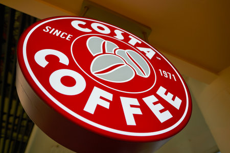 NIZHNY NOVGOROD, RUSSIA - CIRCA JULY, 2018: close up shot of Costa Coffee sign in Strigino International Airport.のeditorial素材