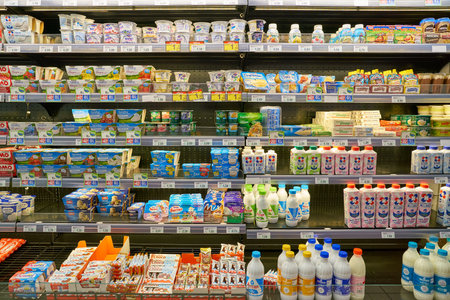 MILAN, ITALY - CIRCA NOVEMBER, 2017: assortment of food on display for sale at supermarket in Milanのeditorial素材