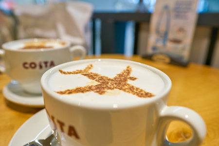 NIZHNY NOVGOROD, RUSSIA - CIRCA JULY, 2018: close up shot of cups on a table at Costa Coffee in Strigino International Airport.のeditorial素材