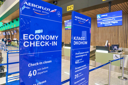 MOSCOW, RUSSIA - CIRCA JULY, 2018: economy class check-in area in Sheremetyevo International Airport.のeditorial素材