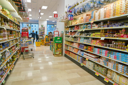 MILAN, ITALY - CIRCA NOVEMBER, 2017: assortment of food on display for sale at supermarket in Milan