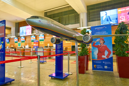 MOSCOW, RUSSIA - CIRCA JULY, 2018: Aeroflot Boeing 777-300ER aircraft model at check-in area in Sheremetyevo International Airport.のeditorial素材