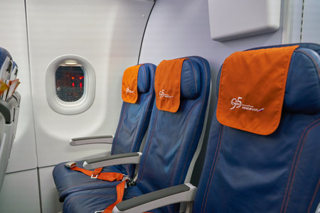 MOSCOW, RUSSIA - CIRCA JULY, 2018: interior shot of Aeroflot Airbus A320.のeditorial素材