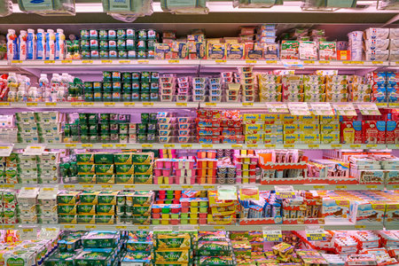 MILAN, ITALY - CIRCA NOVEMBER, 2017: assortment of food on display for sale at supermarket in Milanのeditorial素材
